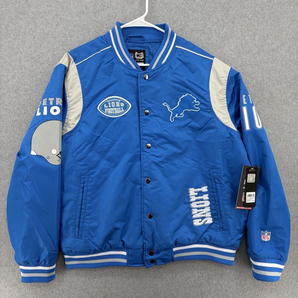 NWT Detroit Lions Ultra Game Satin Varsity Bomber Jacket Blue NFL Mens L